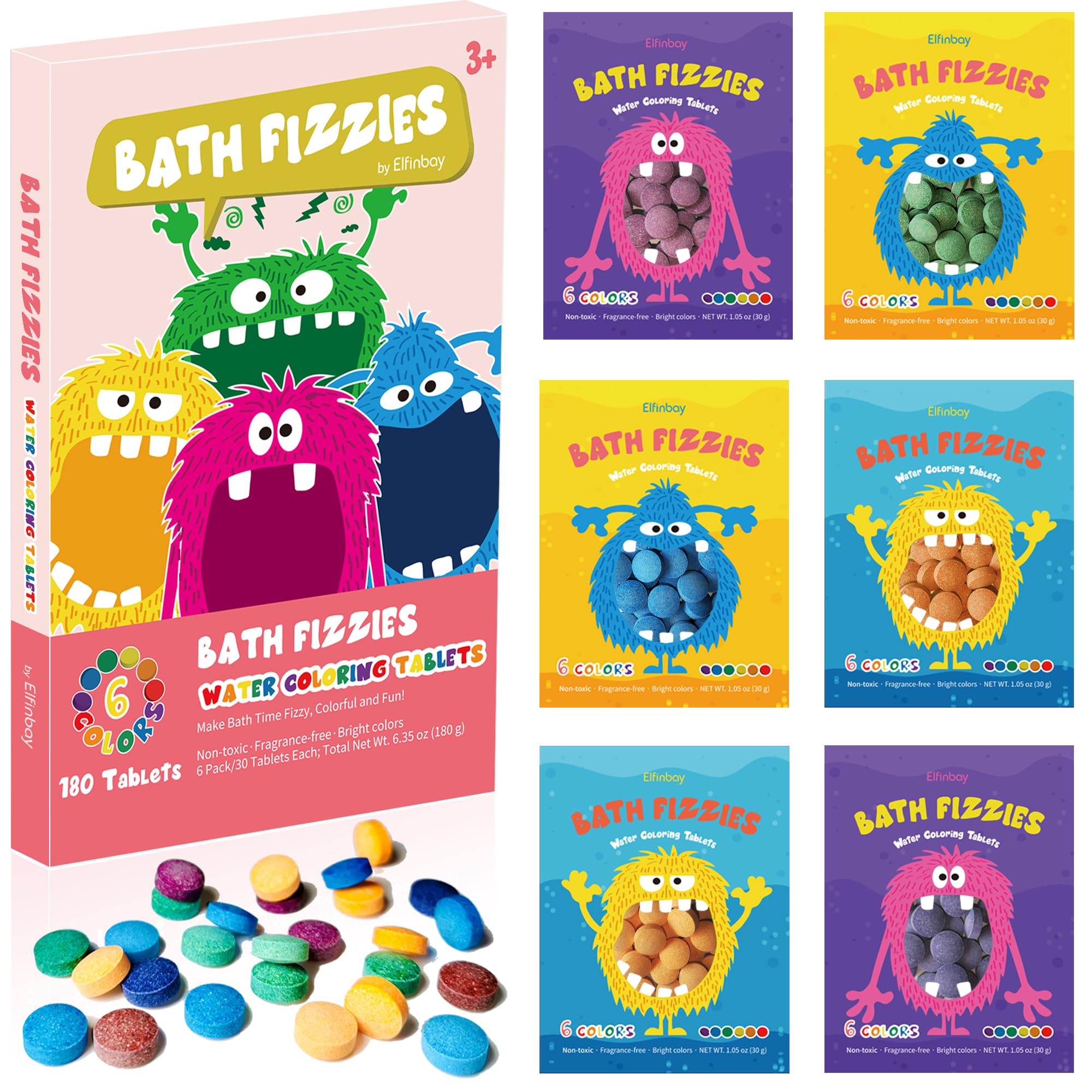 Elfinbay bath color tablets packaging with six resealable pouches for tidy storage.