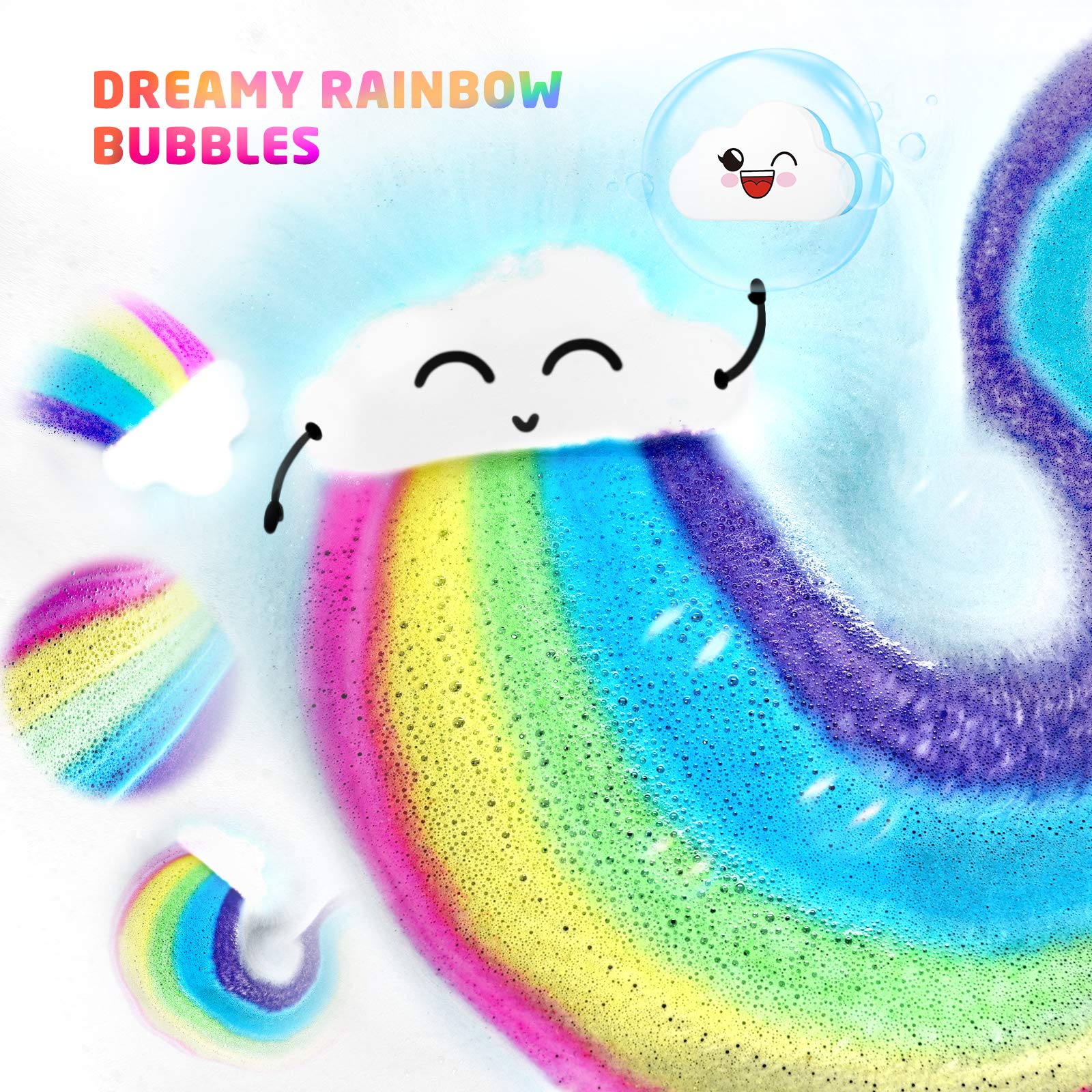 Elfinbay Rainbow Cloud Bath Bomb individually wrapped, convenient stocking-stuffer gift option.
