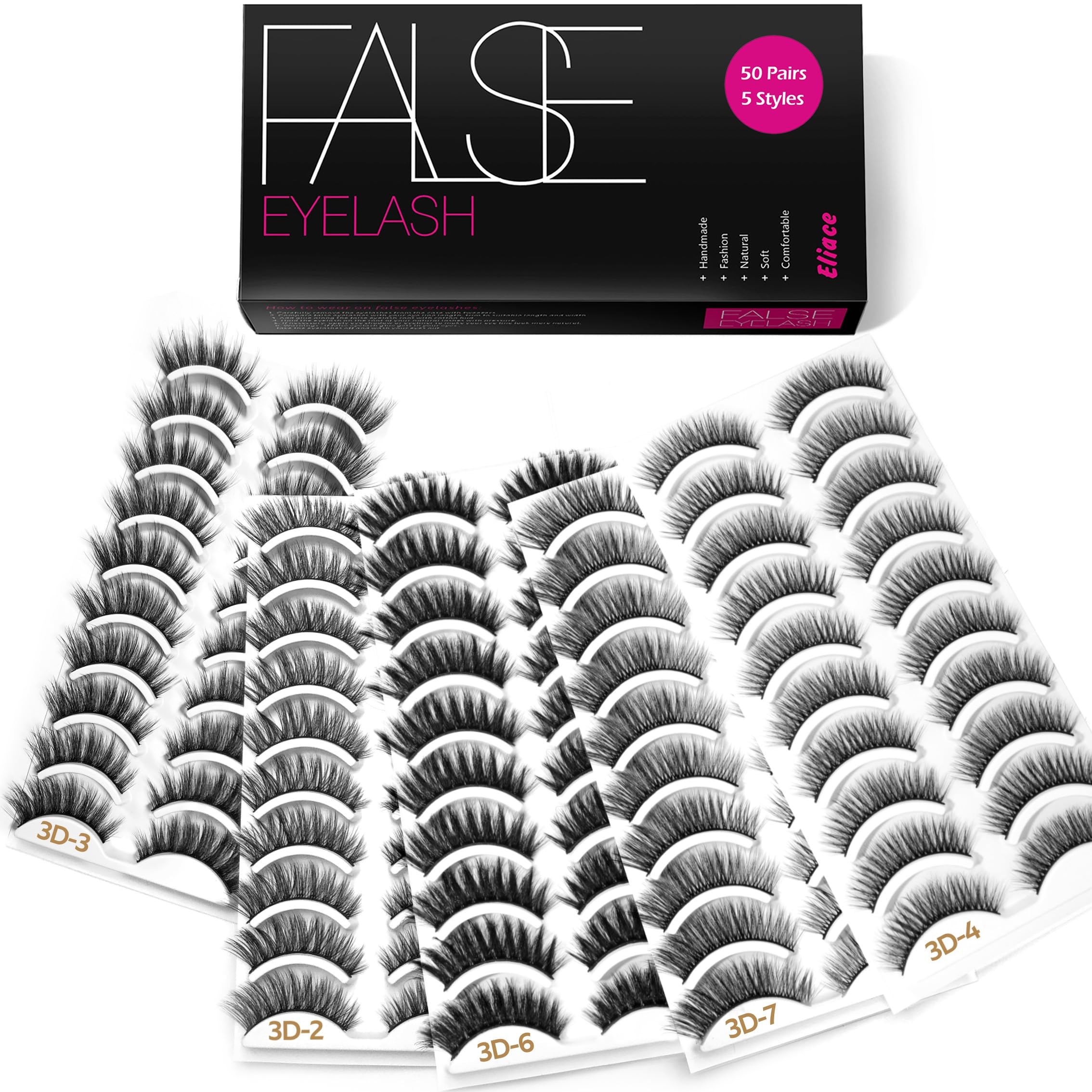 Eliace Eyelashes pack-shot highlights 50-pair set for daily versatility.