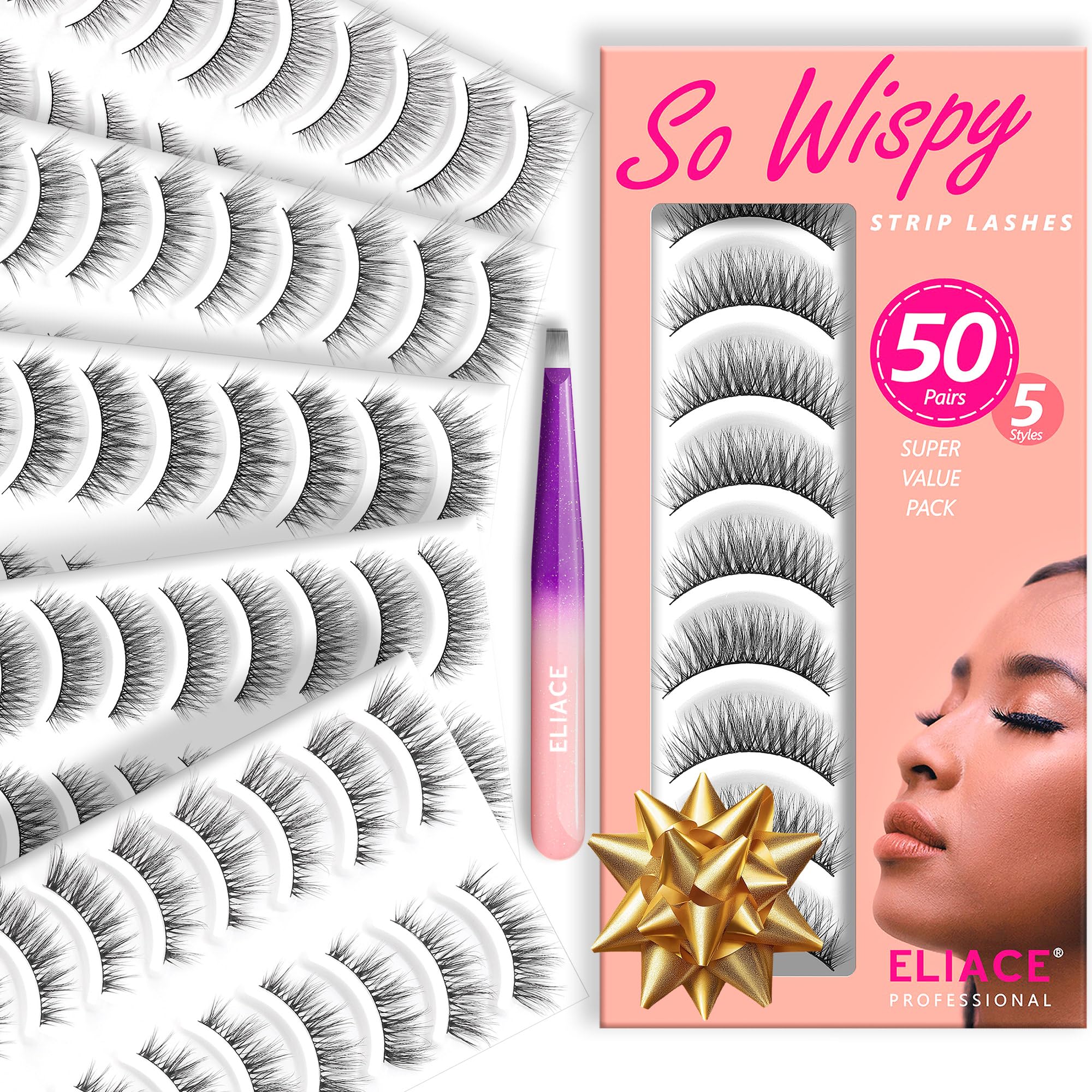Eliace Luxurious 50-Pairs pack front view, five lash styles for versatile daily wear.