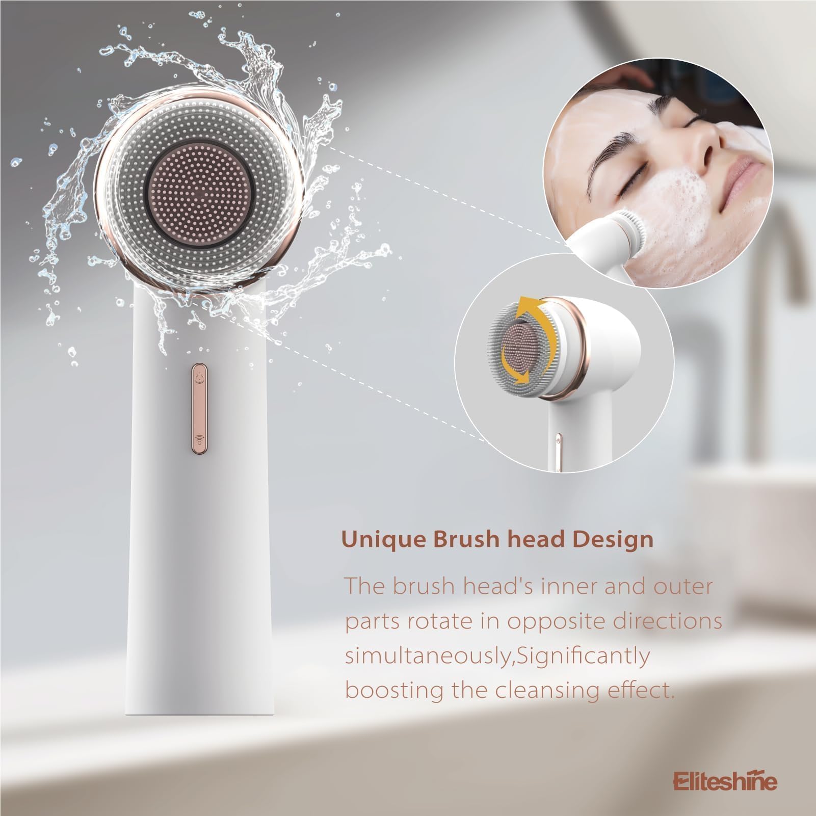 Eliteshine electric facial cleansing brush bristle head setup for thorough exfoliation.