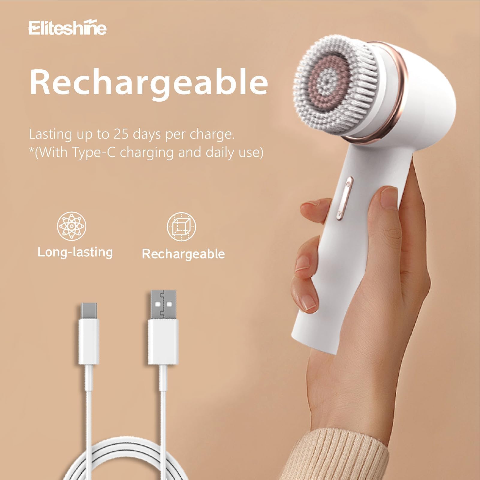 Eliteshine electric facial cleansing brush rechargeable battery highlights long-lasting power.