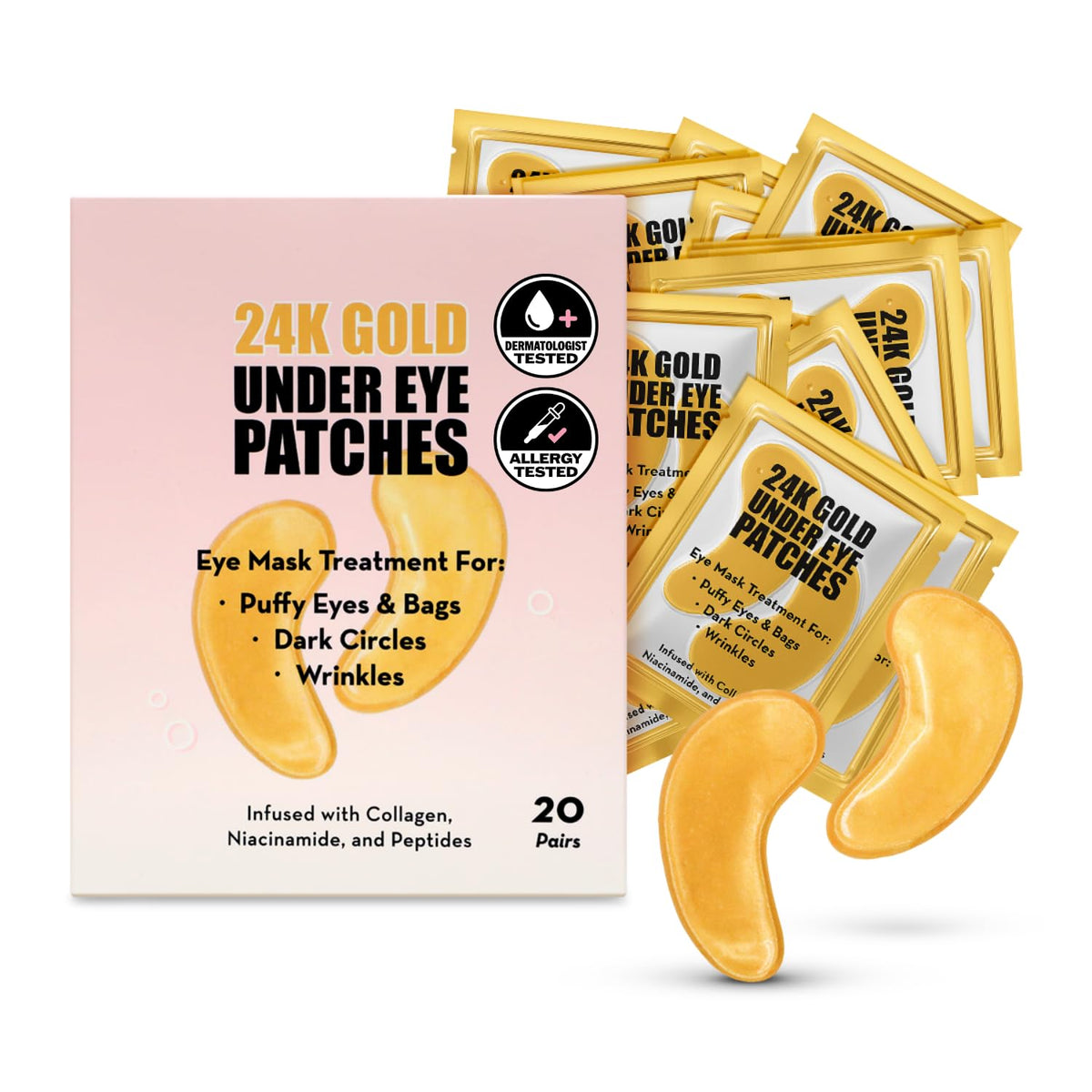 Elizabeth Mott 24K Gold Under Eye Patches packaging conveys spa-ready luxury for daily care