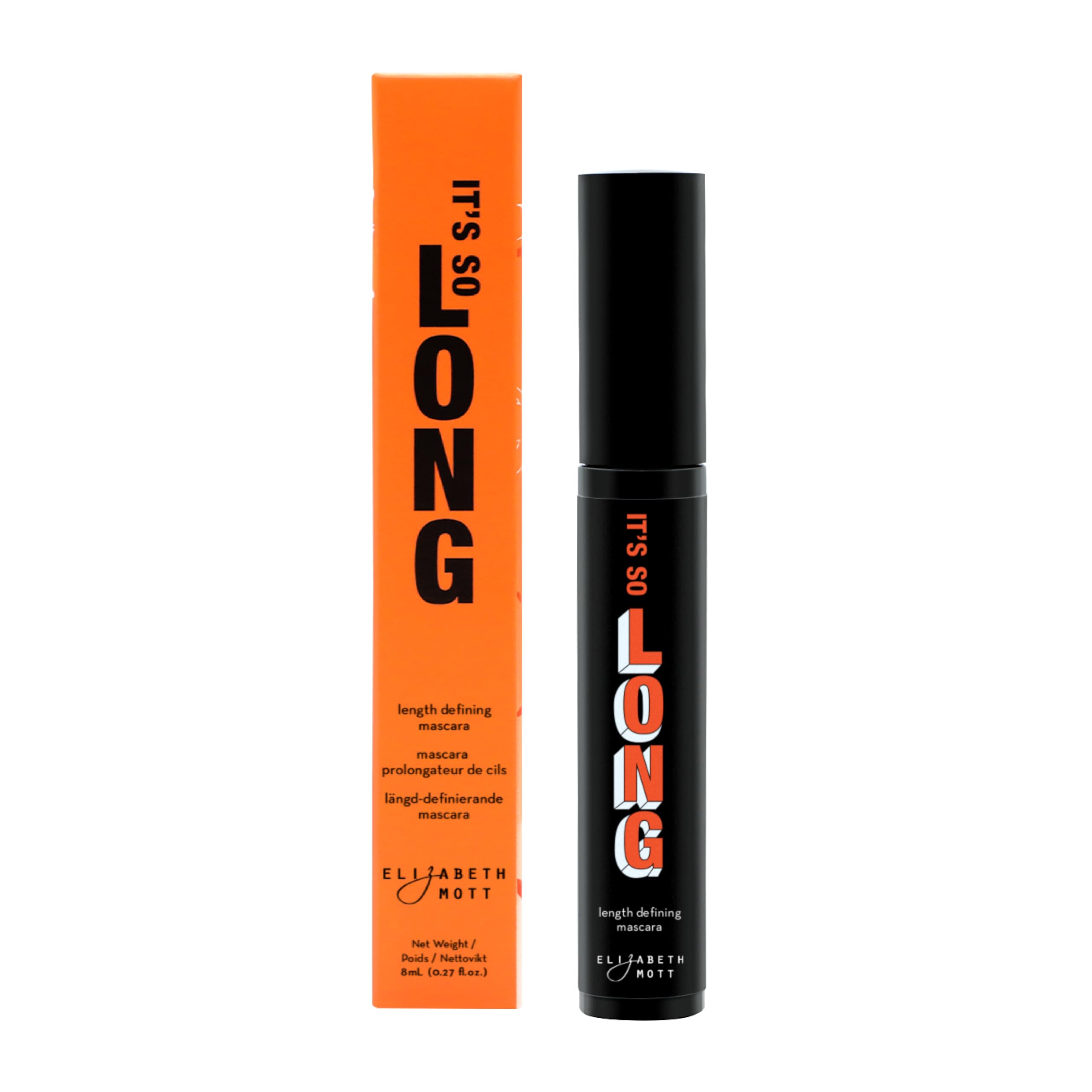 Elizabeth Mott Black Lengthening Mascara C-Curve brush delivers even, clump-free volume