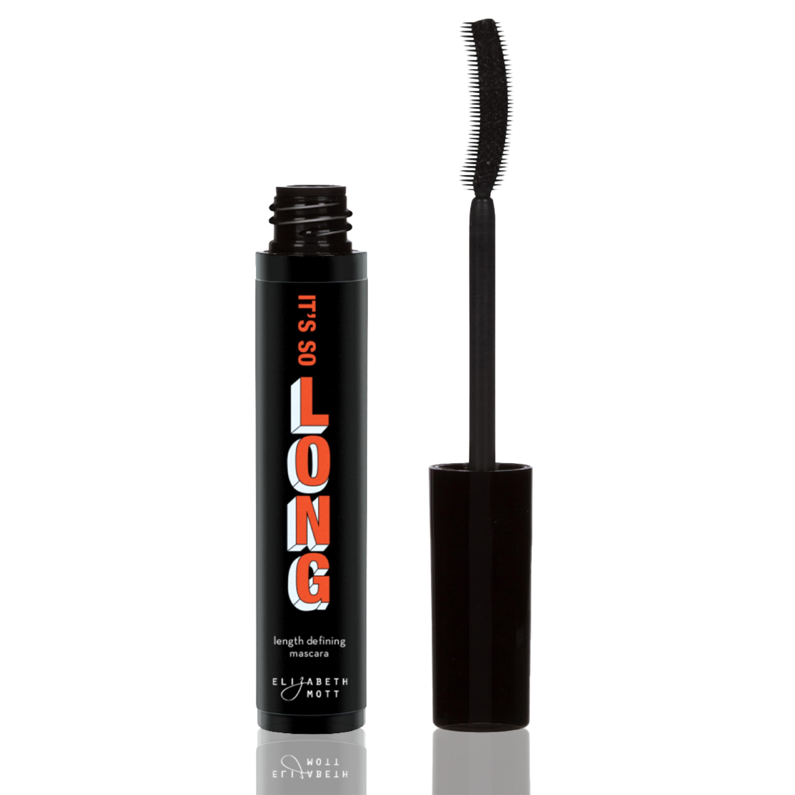 Elizabeth Mott Black Lengthening Mascara full-lash look shows dramatic length and curling