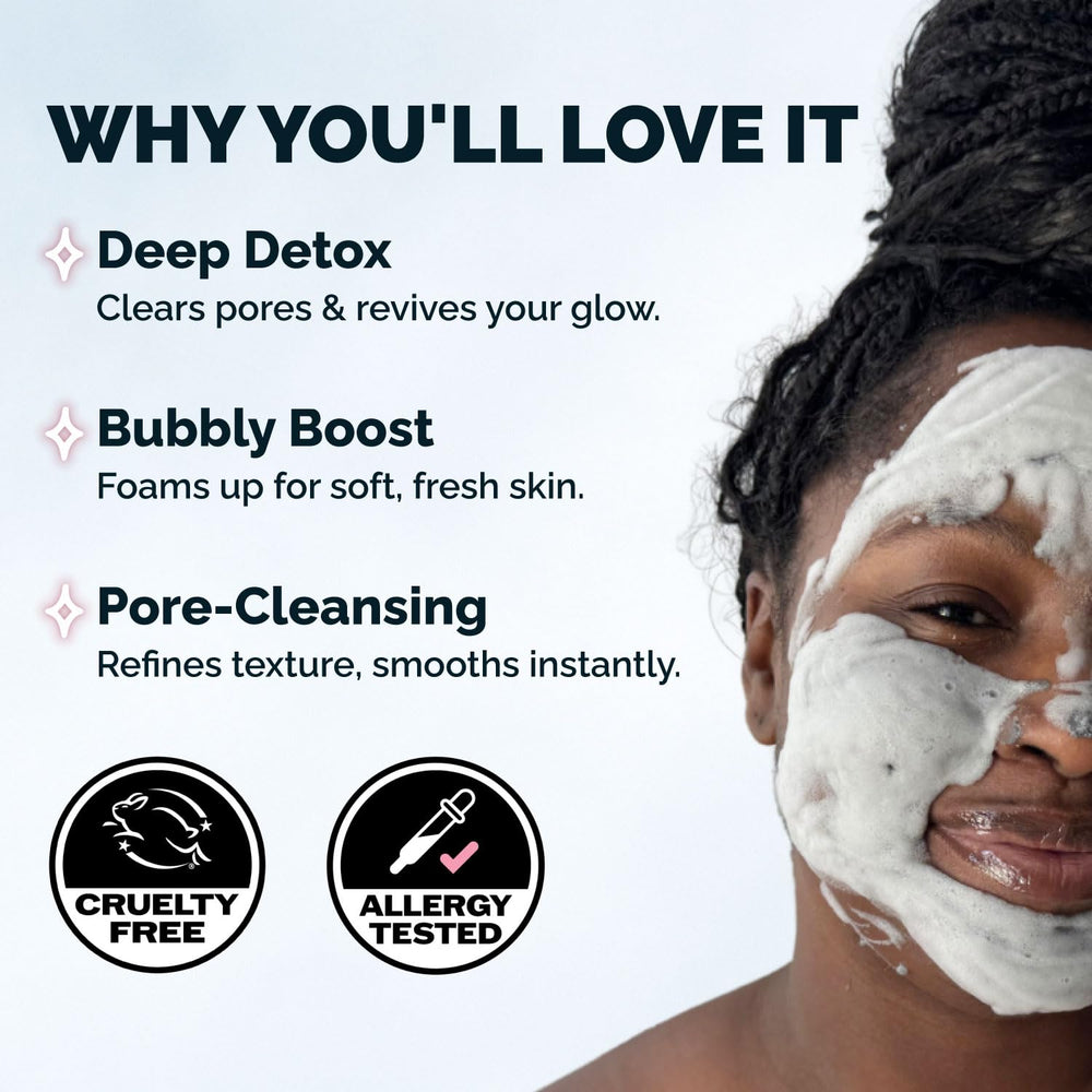 Elizabeth Mott Carbonated Bubble Detox Mask close-up on pores shows deep-clean action with CO2 bubbles.
