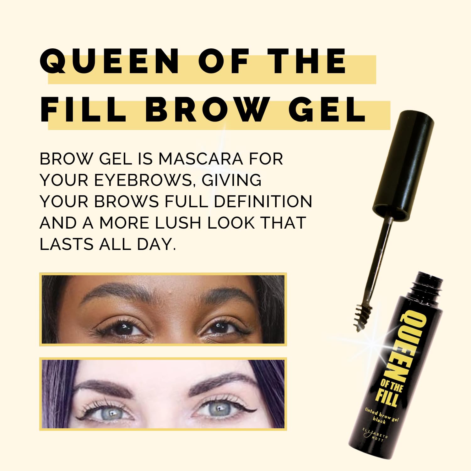 Elizabeth Mott eyebrow gel waterproof swatch demonstrates all-day wear with smudge-proof performance.