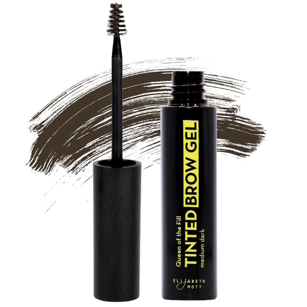 Elizabeth Mott Queen of the Fill brow gel tube closeup for natural-looking tint and easy shaping.