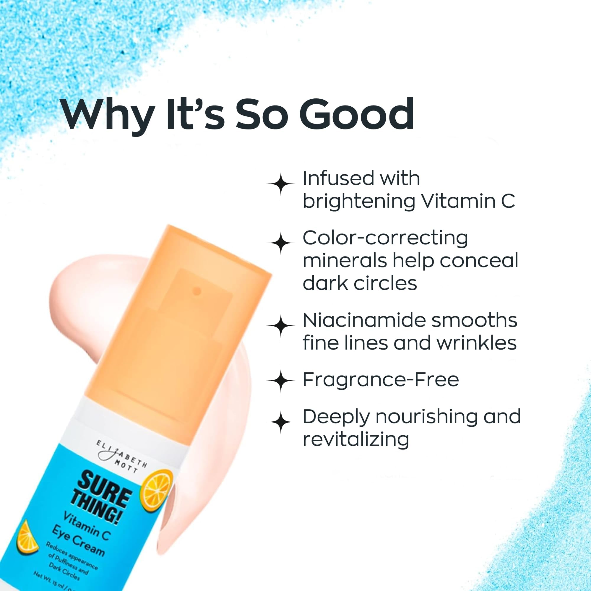 Elizabeth Mott Sure Thing Vitamin C Eye Cream application demonstrates easy blend under makeup.