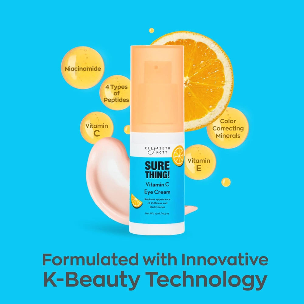 Elizabeth Mott Sure Thing Vitamin C Eye Cream ingredients banner highlights Vitamin C and Niacinamide benefits.