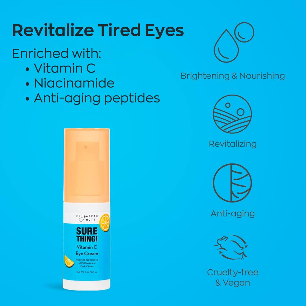Elizabeth Mott Sure Thing Vitamin C Eye Cream jar open reveals rich formula for depuffing.