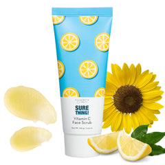 Elizabeth Mott Sure Thing Vitamin C Face Scrub bottle closeup with heat-activated brightening action