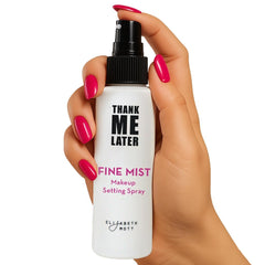 Elizabeth Mott Thank Me Later 3-in-1 spray bottle delivers a hydrating, dewy makeup setting.
