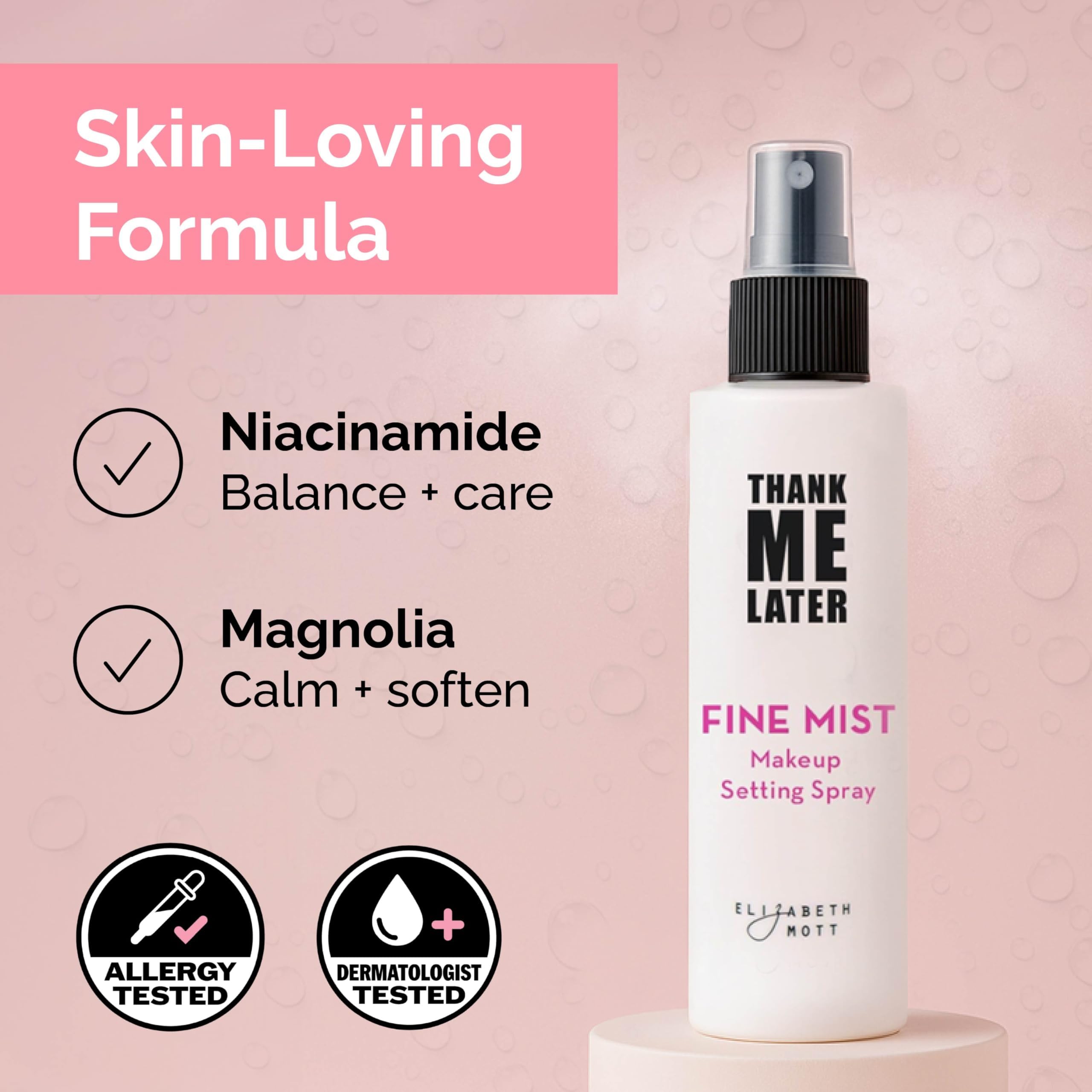 Elizabeth Mott Thank Me Later cruelty-free spray with Leaping Bunny icon on label.