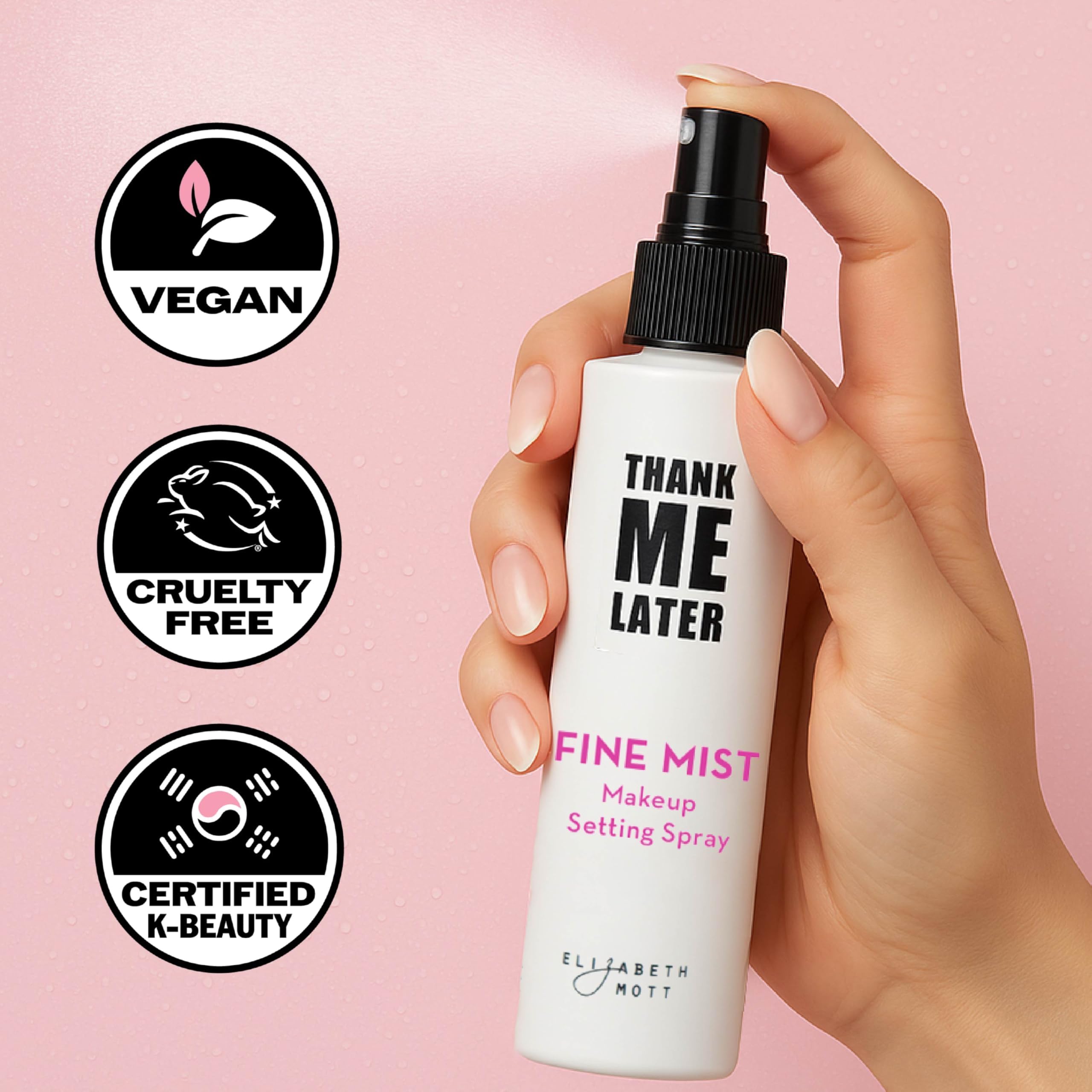 Elizabeth Mott Thank Me Later daily-use spray hydrates skin while setting makeup.