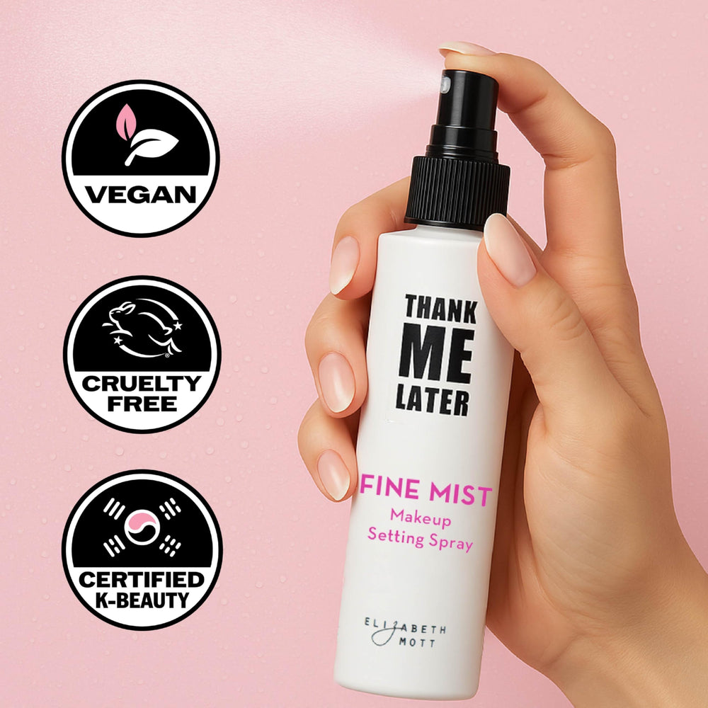 Elizabeth Mott Thank Me Later daily-use spray hydrates skin while setting makeup.
