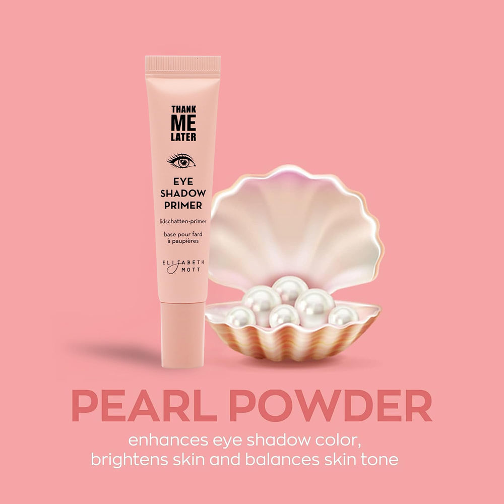 Elizabeth Mott Thank Me Later eye primer ingredient display featuring pearl powder for radiant prep