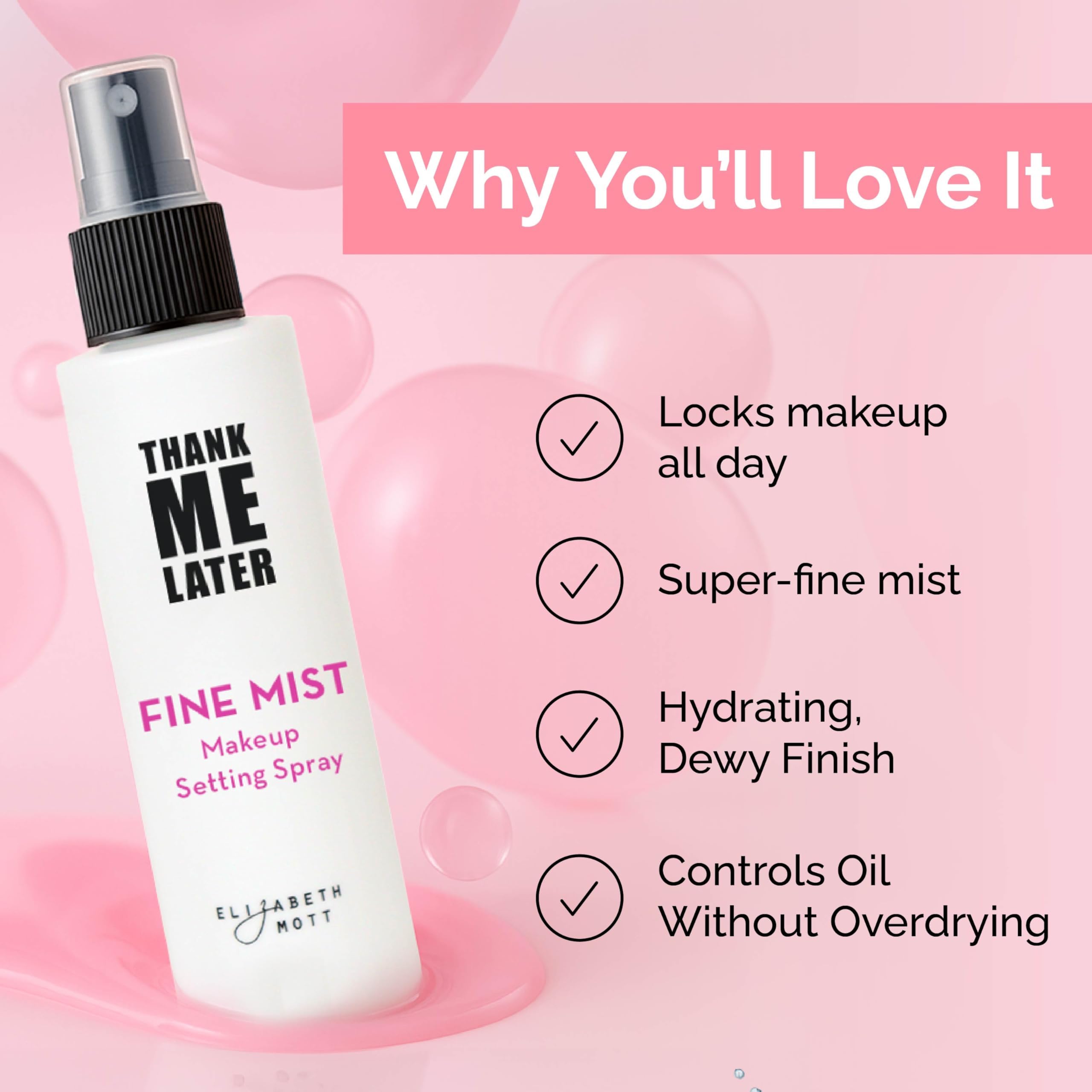 Elizabeth Mott Thank Me Later bottle close-up highlights niacinamide-infused formula for vibrant skin.