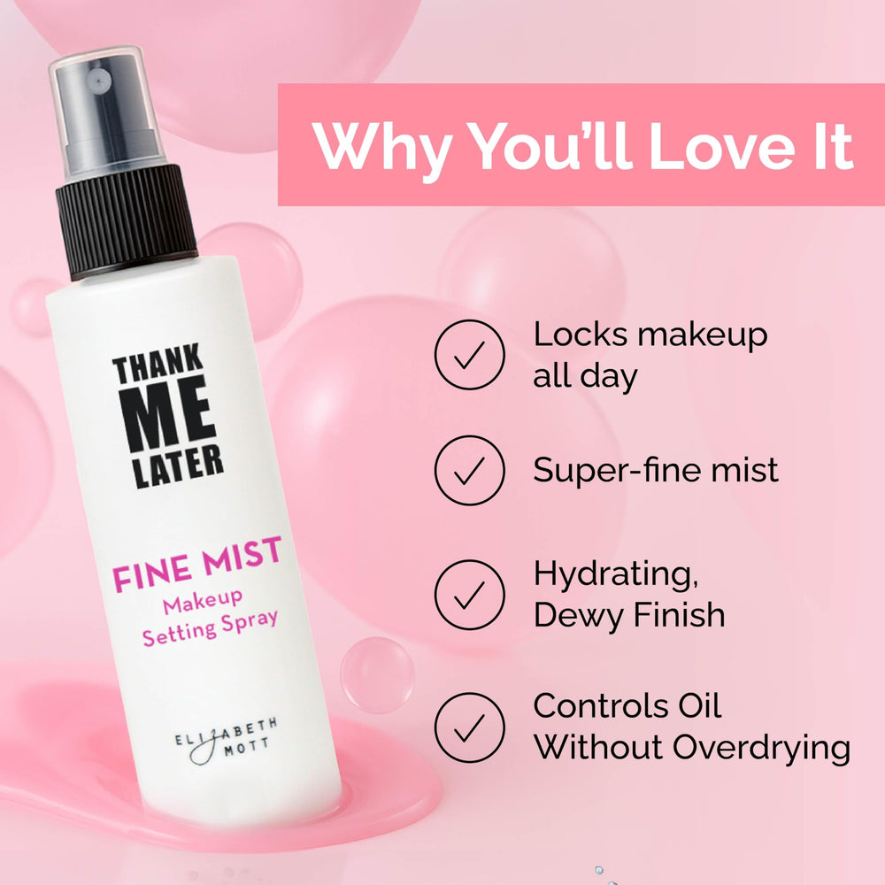Elizabeth Mott Thank Me Later bottle close-up highlights niacinamide-infused formula for vibrant skin.