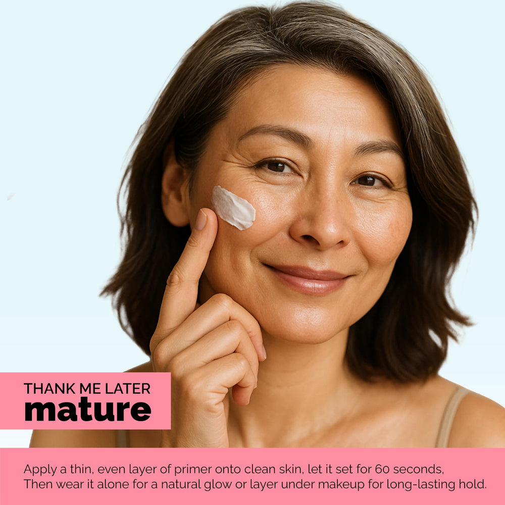 Elizabeth Mott Thank Me Later primer packaging highlights fragrance-free, gentle formula.