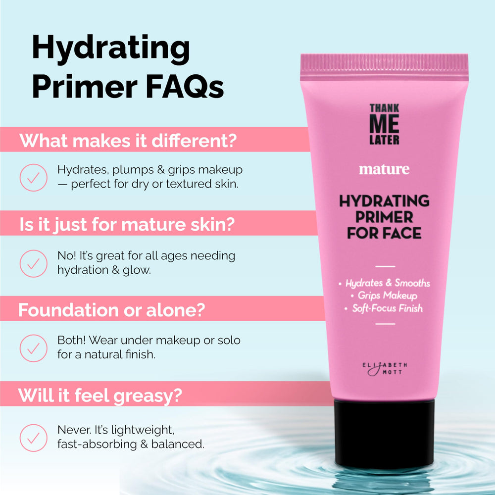 Elizabeth Mott Thank Me Later primer on skin demonstrates lasting hydration.