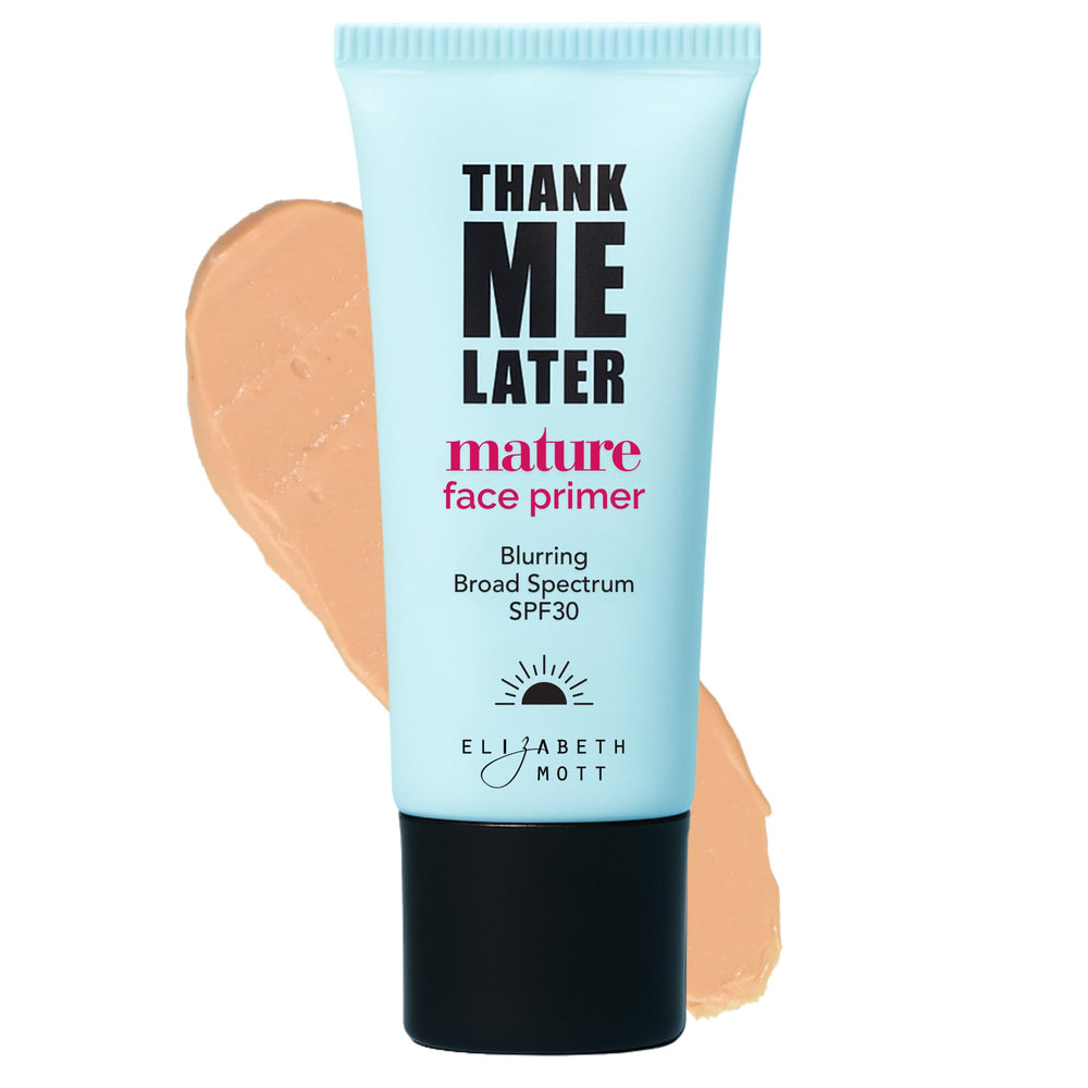 Elizabeth Mott Thank Me Later Primer SPF30 packaging shows a travel-friendly 30g tube for daily use.