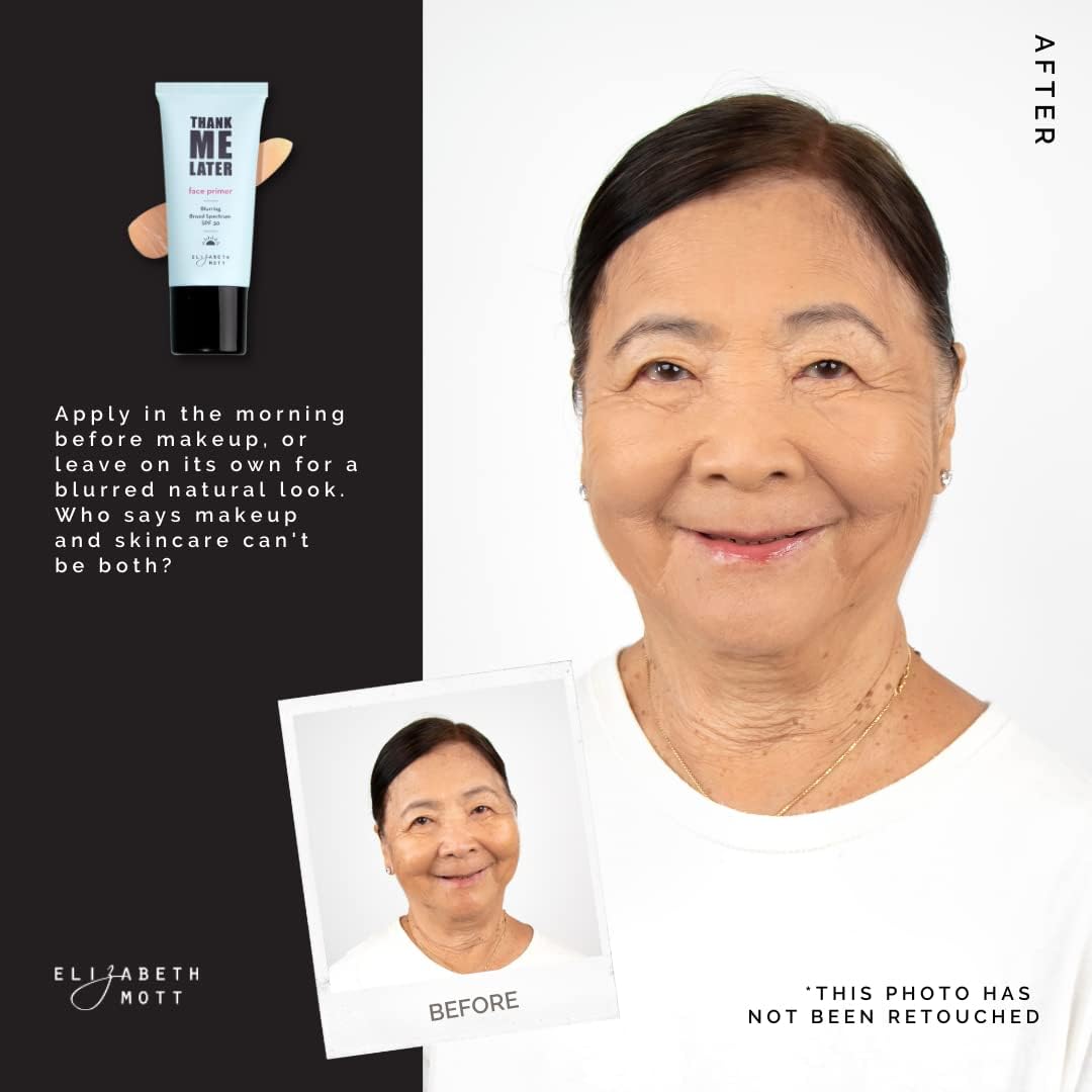 Elizabeth Mott Thank Me Later Primer SPF30 pore-minimizing blur on skin.