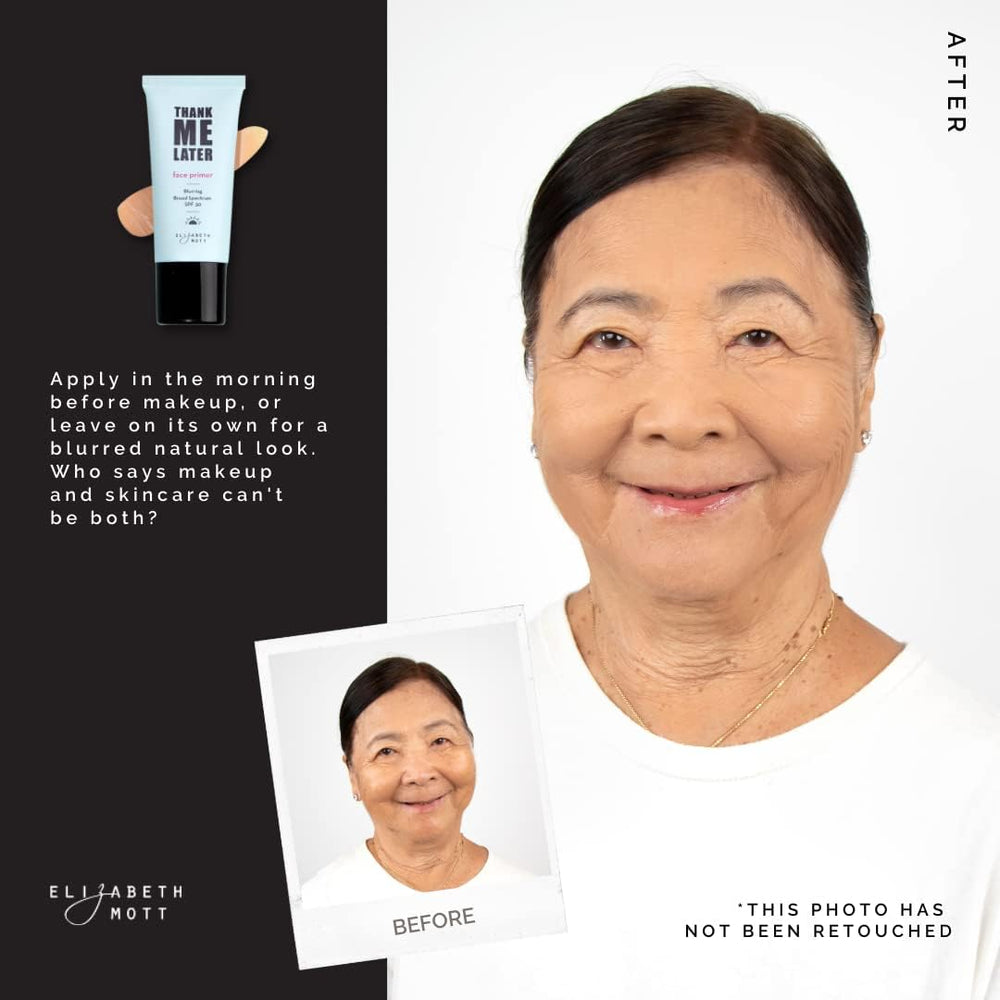 Elizabeth Mott Thank Me Later Primer SPF30 pore-minimizing blur on skin.