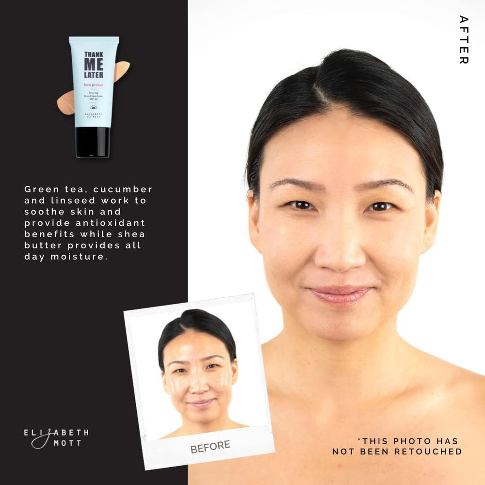 Elizabeth Mott Thank Me Later Primer SPF30 sun protection for outdoor days.