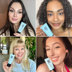 Elizabeth Mott Thank Me Later Primer SPF30 swatch on hand shows pore-minimizing blur for refined skin.