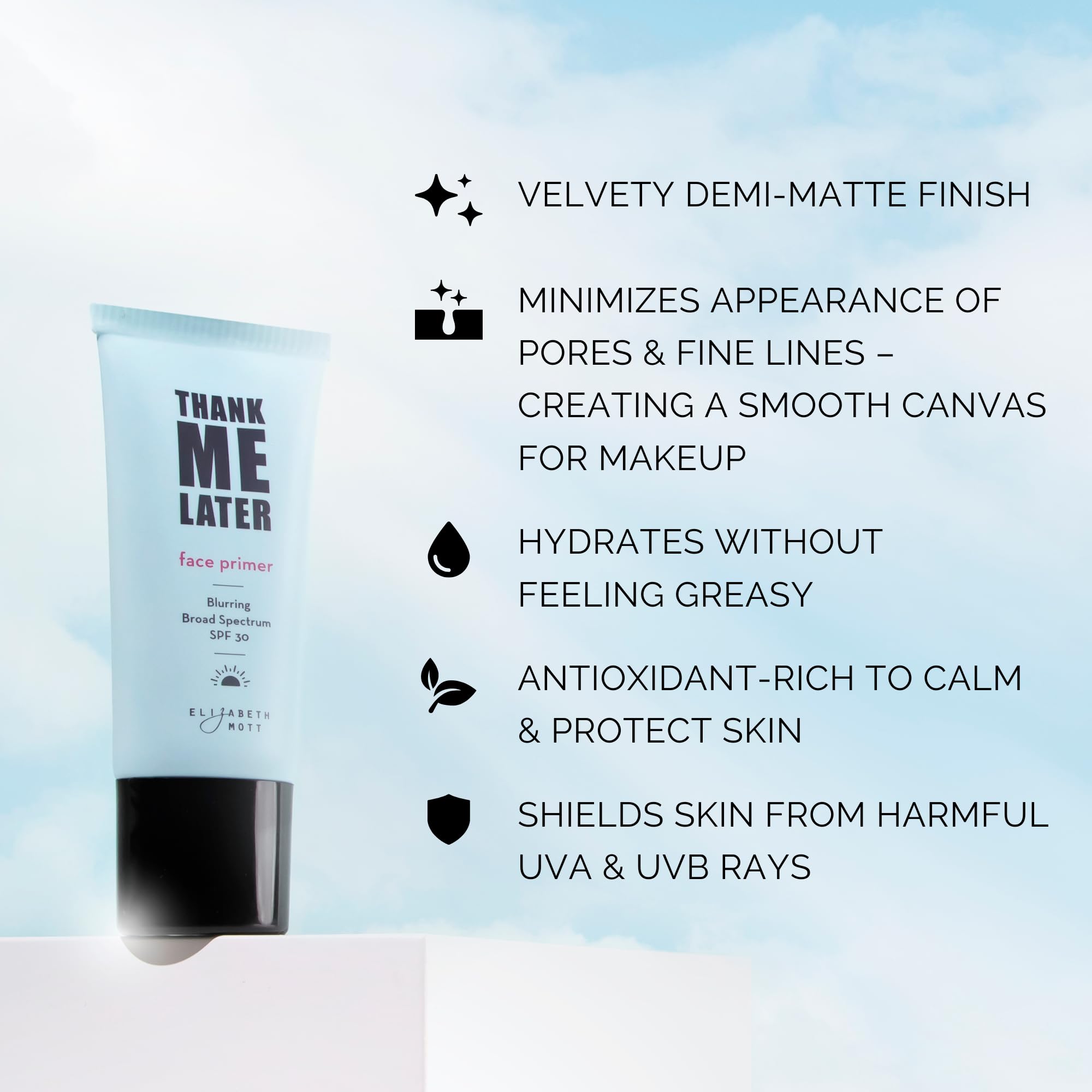 Elizabeth Mott Thank Me Later Primer SPF30 texture swirl demonstrates creamy, hydrating consistency for a smooth base.