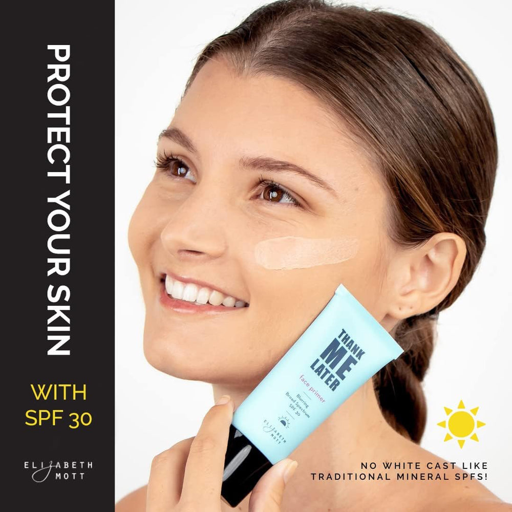 Elizabeth Mott Thank Me Later Primer SPF30 under-foundation swatch demonstrates demi-matte finish that lasts makeup.