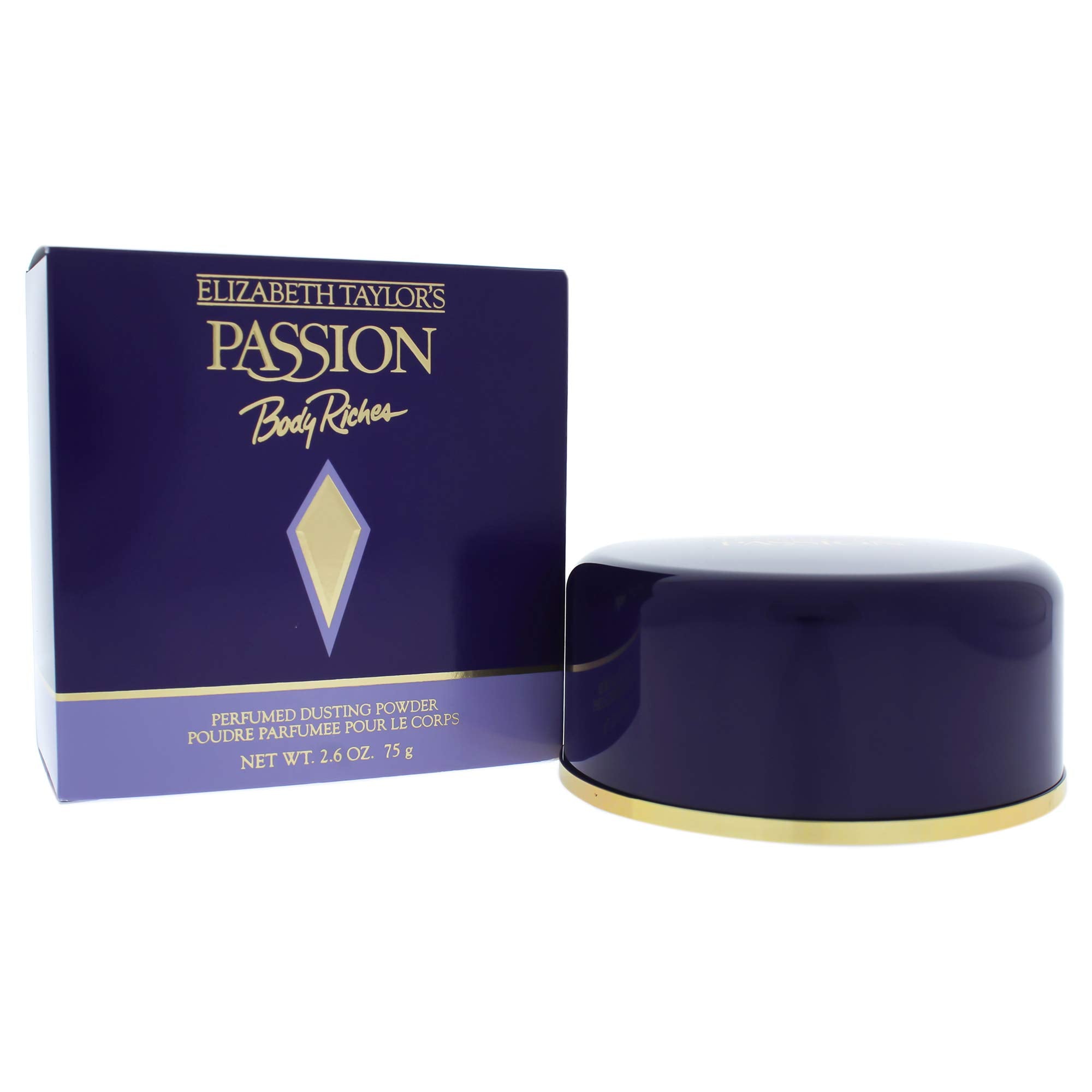 Elizabeth Taylor Passion dusting powder bottle showcases evening wear fragrance.