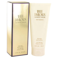 Elizabeth Taylor White Diamonds body lotion bottle promotes hydration and smooth skin for daily fragrance layering.