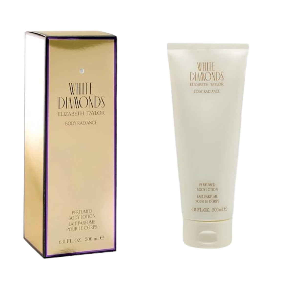 Elizabeth Taylor White Diamonds body lotion bottle provides lightweight hydration for daily use.