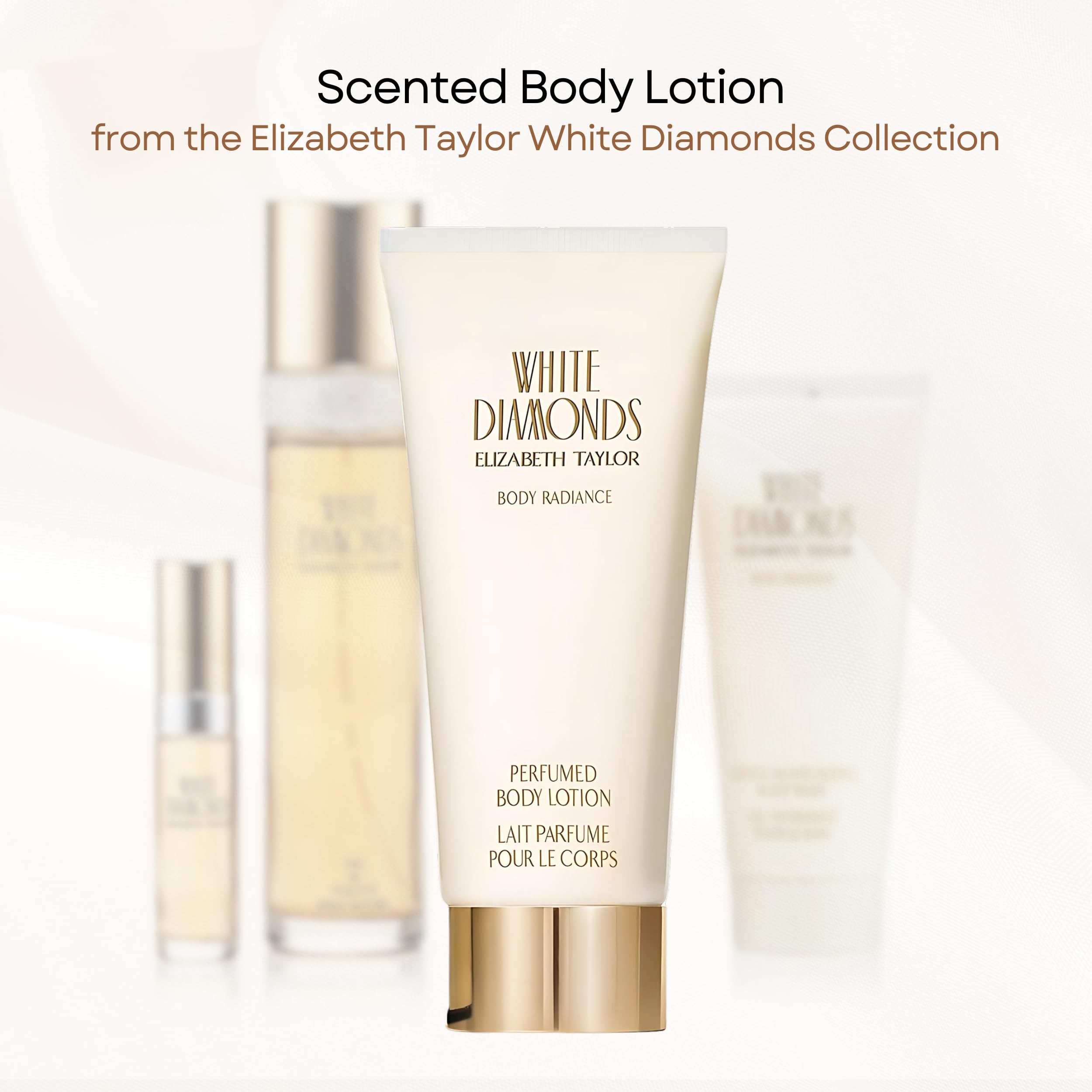 Elizabeth Taylor White Diamonds body lotion travel-friendly packaging for on-the-go scent.