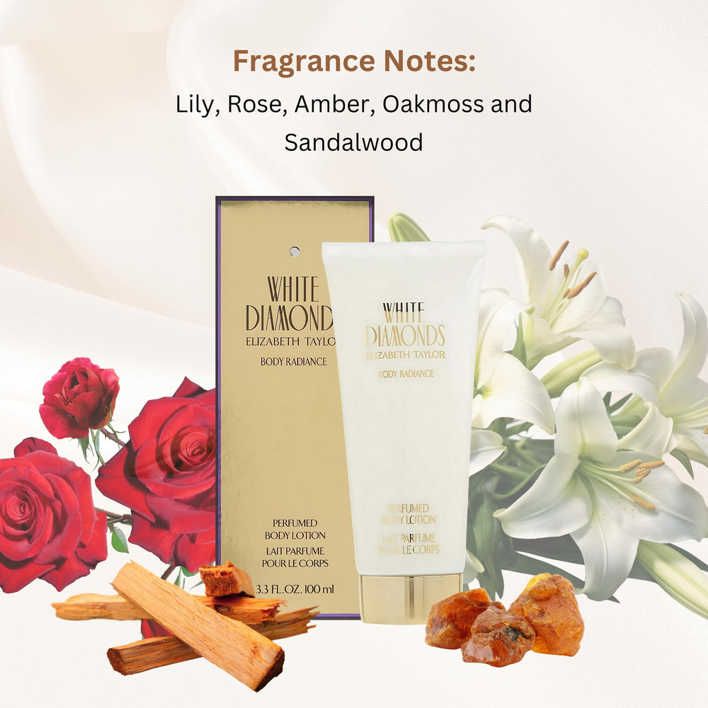Elizabeth Taylor White Diamonds body lotion texture swirl showing rich hydration.