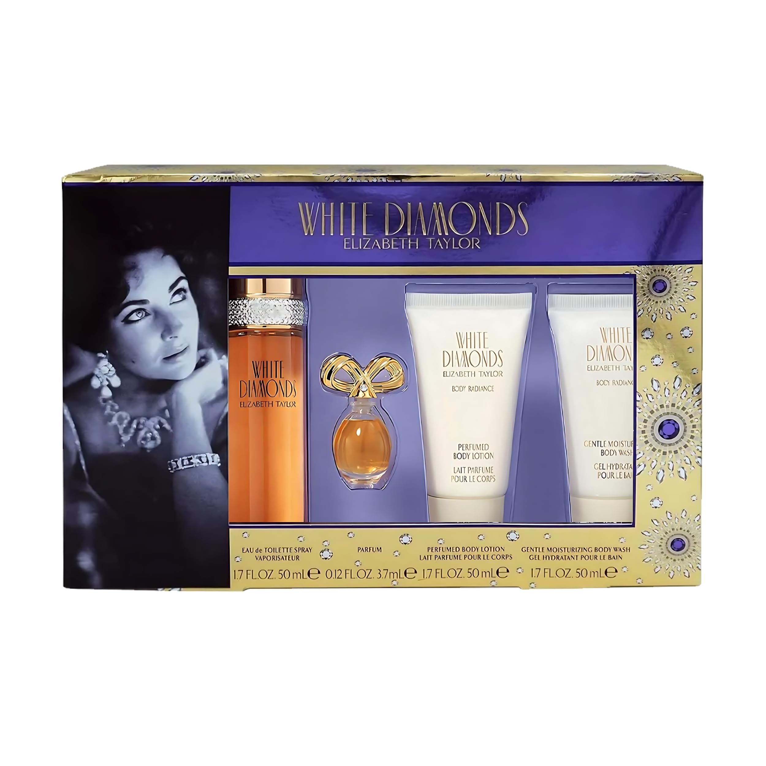 Elizabeth Taylor White Diamonds display with full bottle and lotion, timeless fragrance for women.