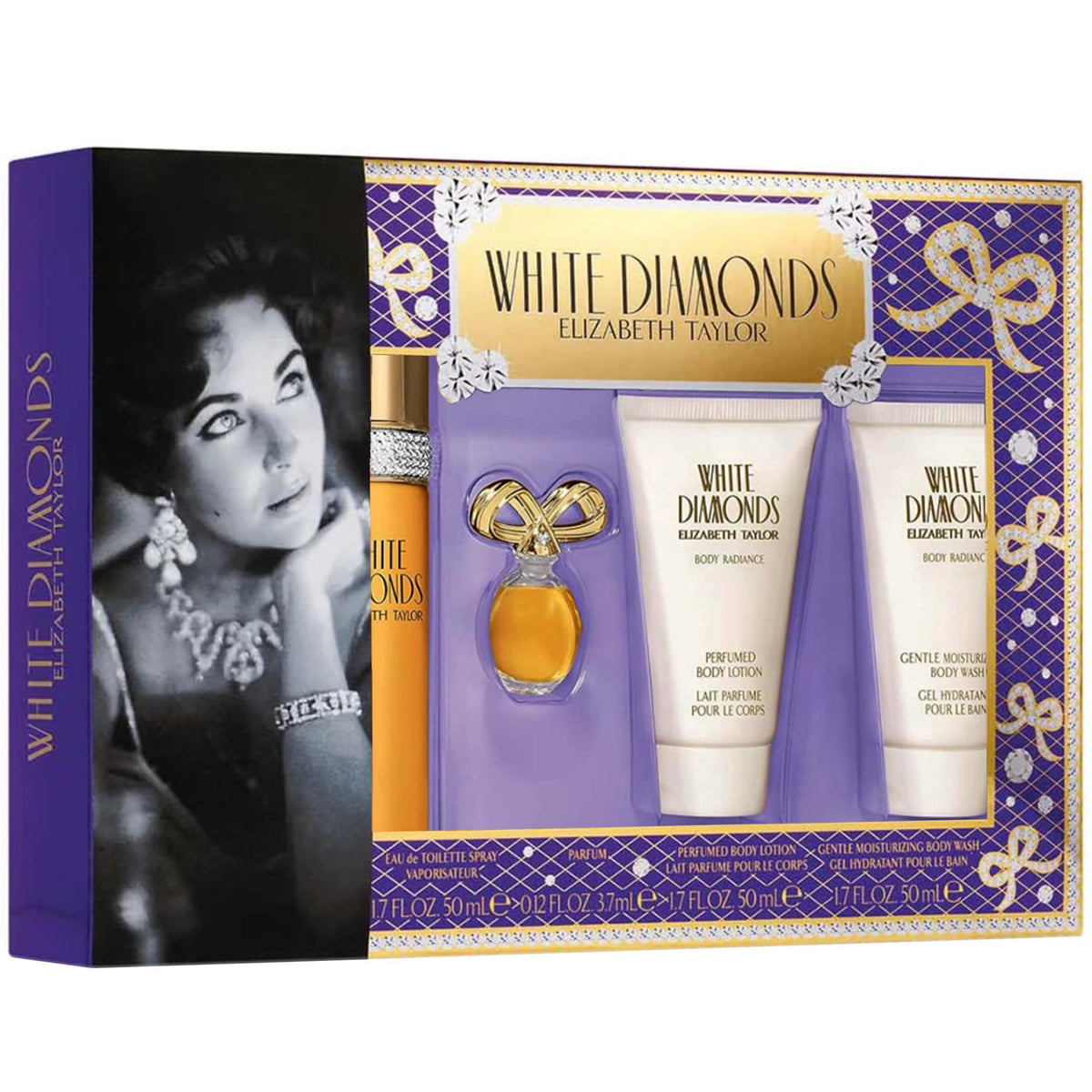 Elizabeth Taylor White Diamonds gift set front view showing elegant packaging