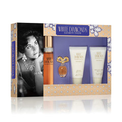 Elizabeth Taylor White Diamonds gift set display showing lotion and shower gel for gifting.