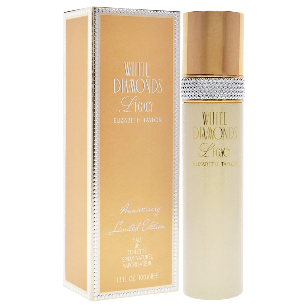 Elizabeth Taylor White Diamonds Legacy bottle side view hints at a balanced floral-powdery aroma for daily wear