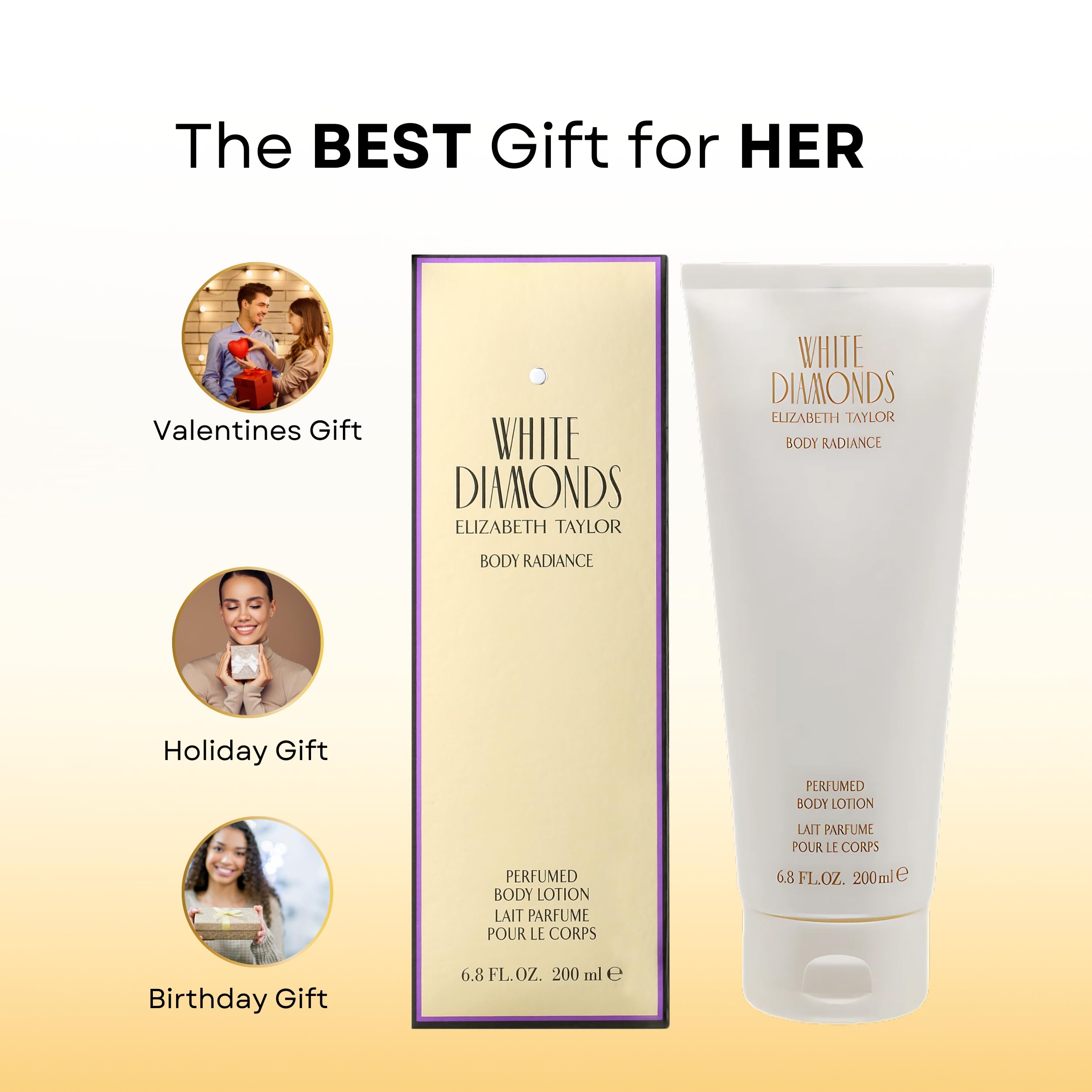 Packaging and 6.8-ounce bottle of Elizabeth Taylor White Diamonds lotion