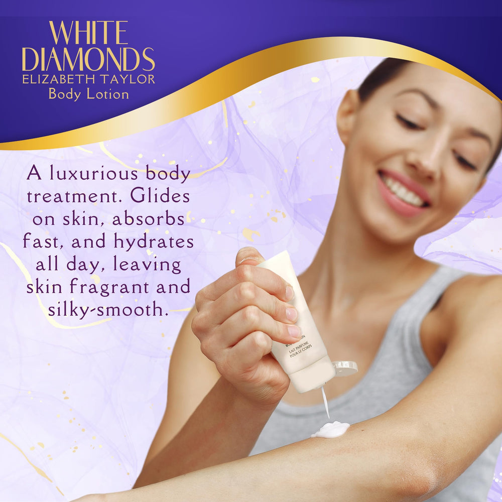 Elizabeth Taylor White Diamonds perfumed body lotion, silky daily-use.