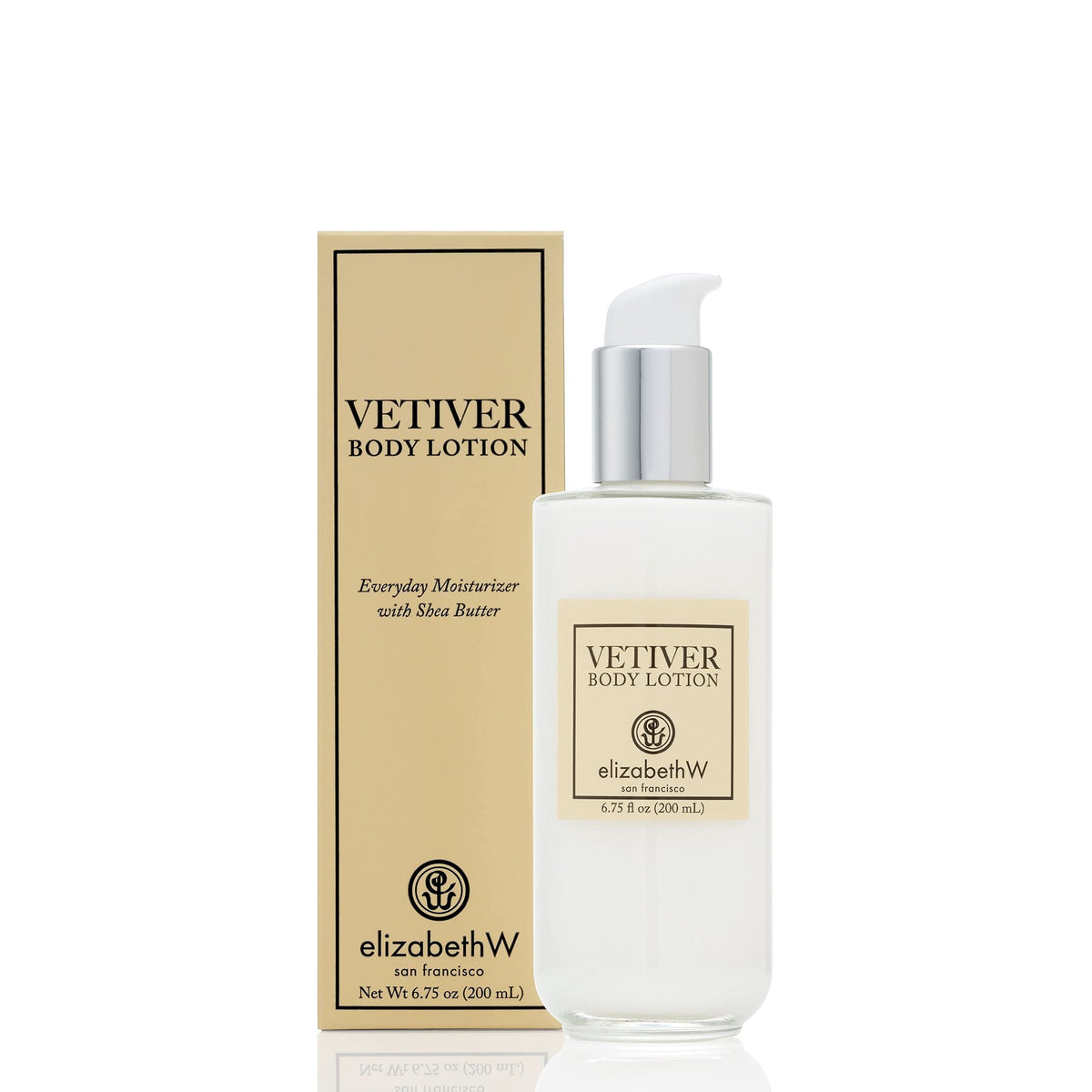 Elizabeth W Vetiver Body Lotion bottle front, highlighting packaging for daily hydration.