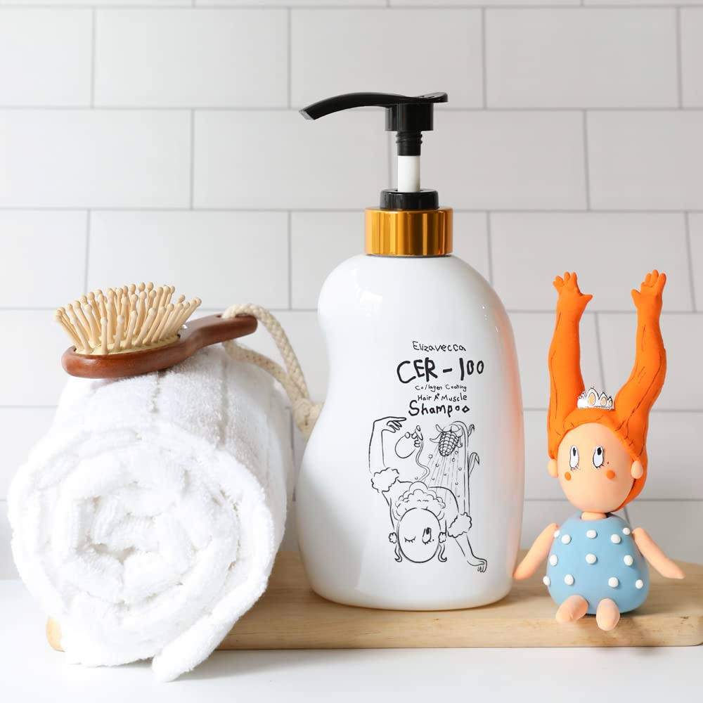 Elizavecca CER-100 shampoo on a bathroom shelf with a premium salon vibe.