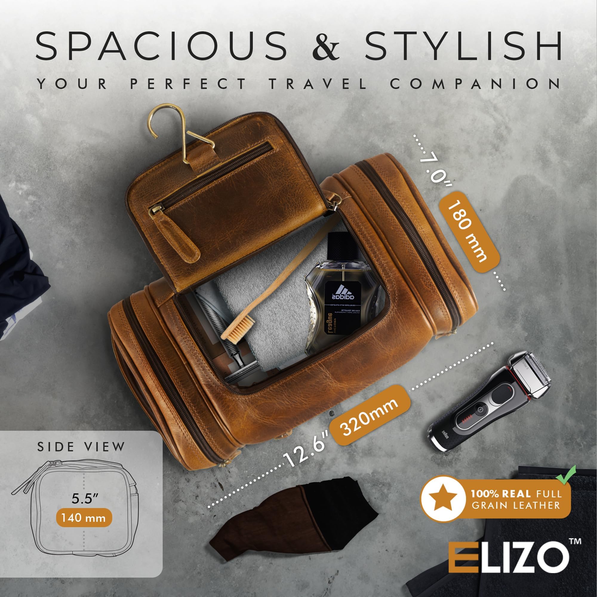 ELIZO leather Dopp kit with brass hook ready to hang in hotel bathrooms