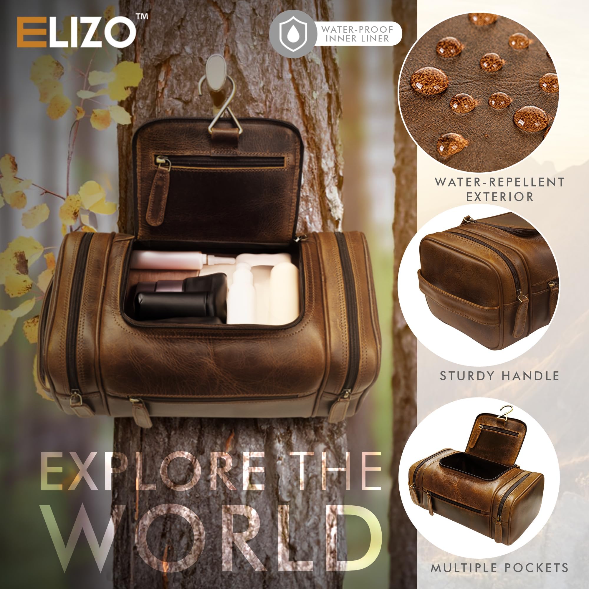 ELIZO toiletry bag wide-mouth lid enables quick access to grooming essentials