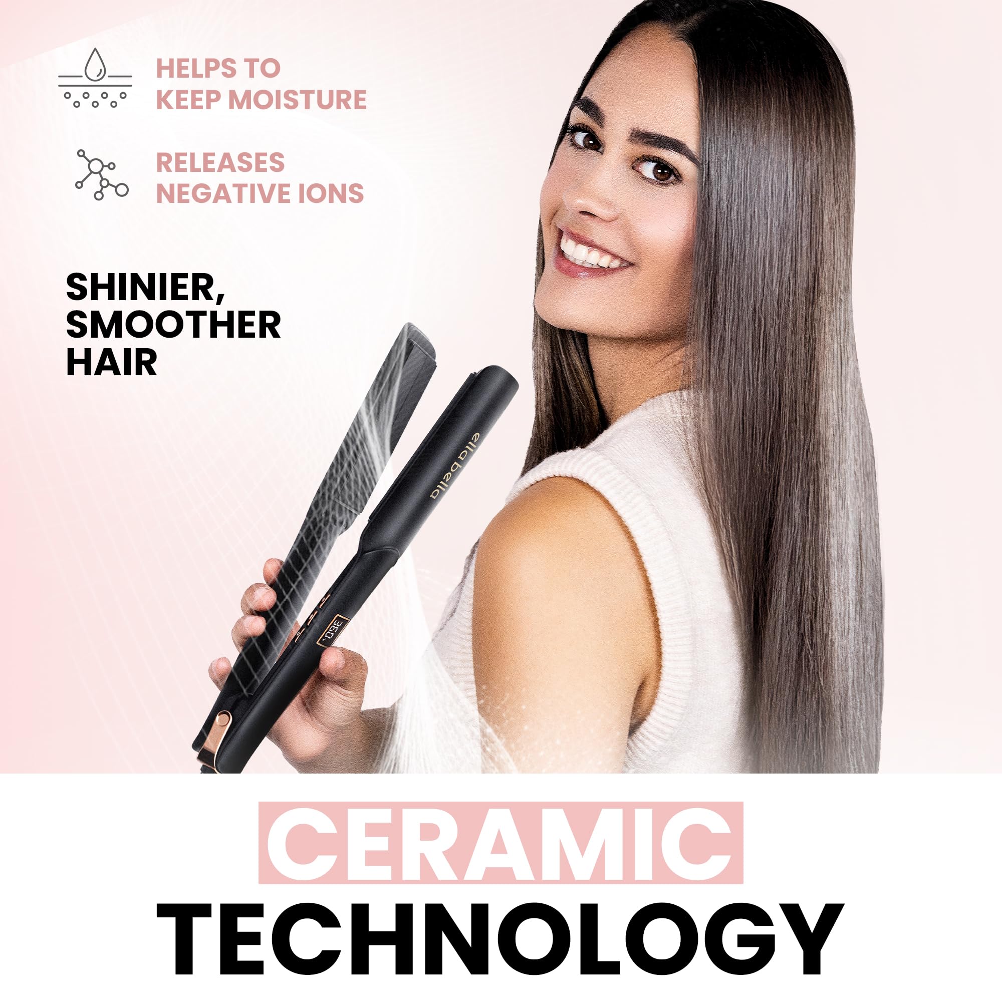 ELLA BELLA ceramic flat iron demonstrates frizz control and shine during styling.