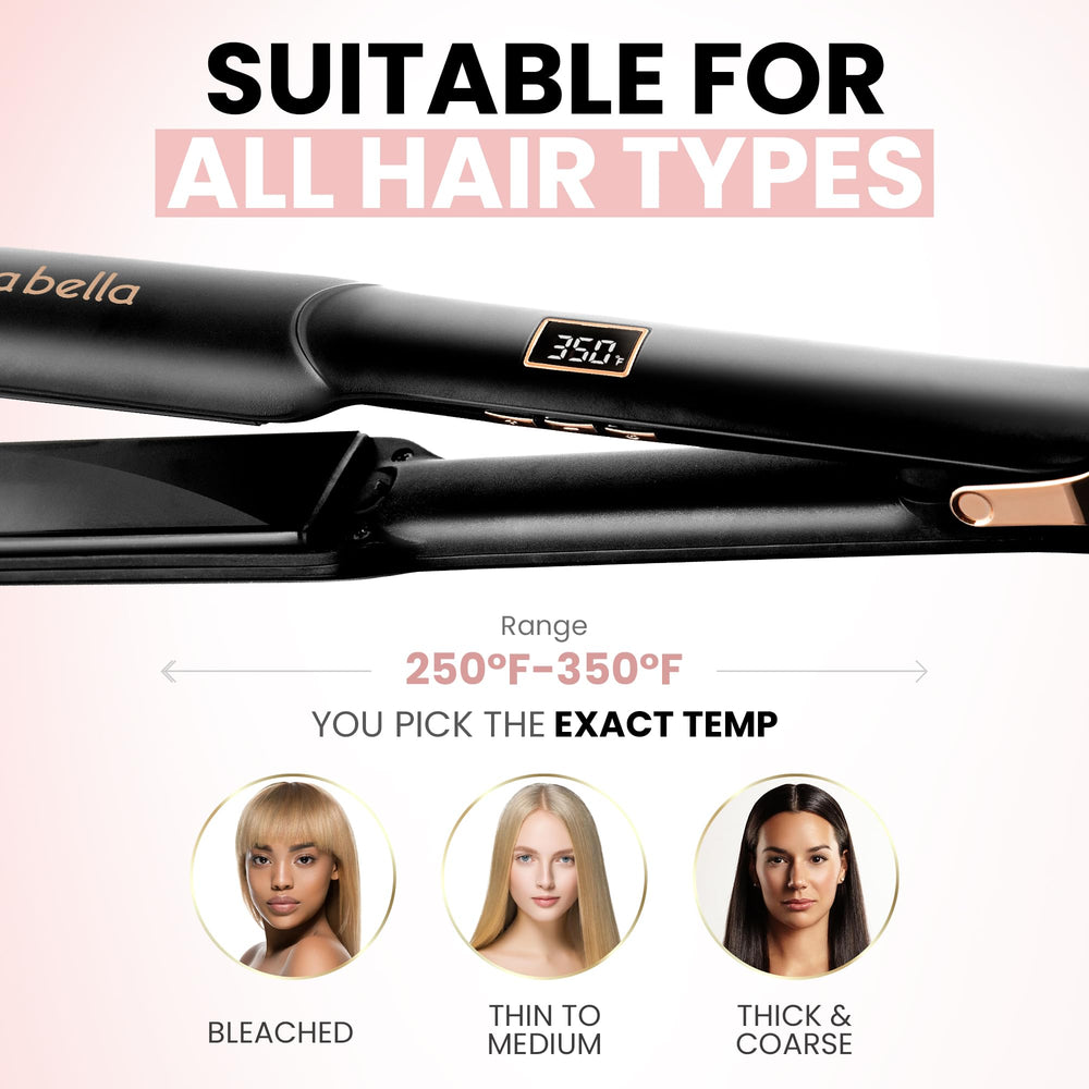 ELLA BELLA ceramic flat iron showing ionic technology for smoother hair.