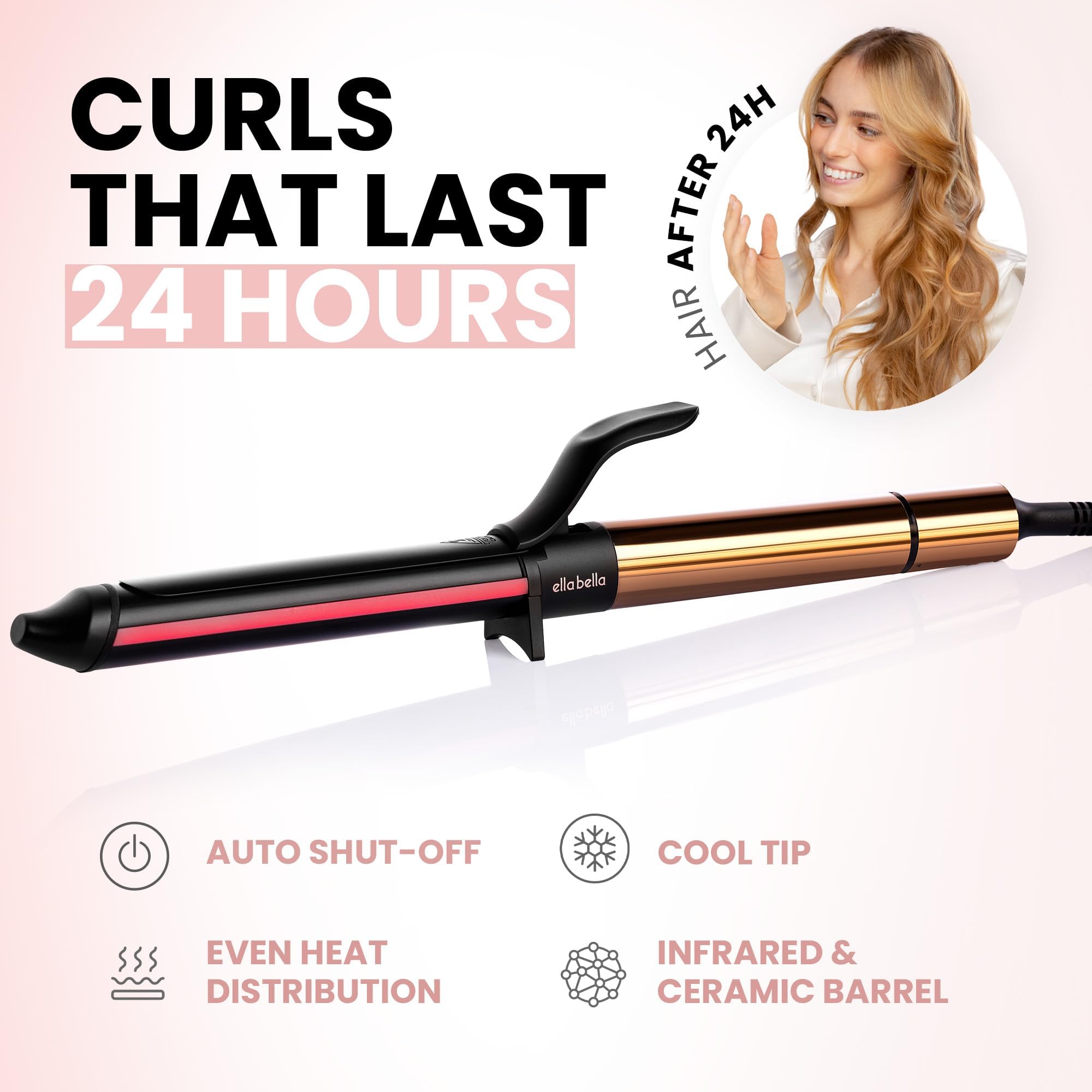ELLA BELLA Curling Iron in use creates defined waves quickly.